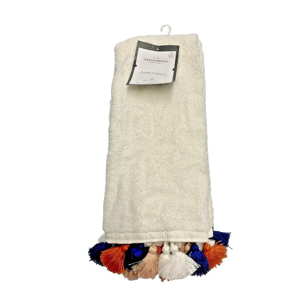 NEW Threshold Ivory Pair Of Hand Towels Off White Multicolor Tassels Boho Target